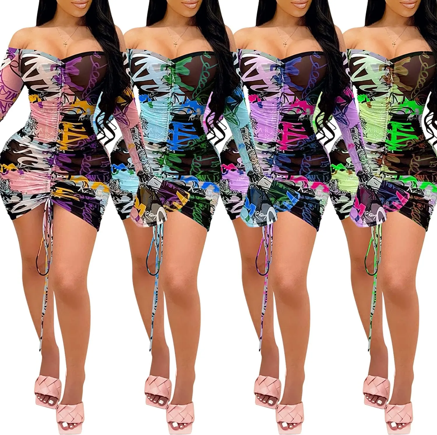 Zoctuo Women's Sexy Bodycon Party Dress Sheer Mesh See Through Printed Club Outfits Party Club Night Dress